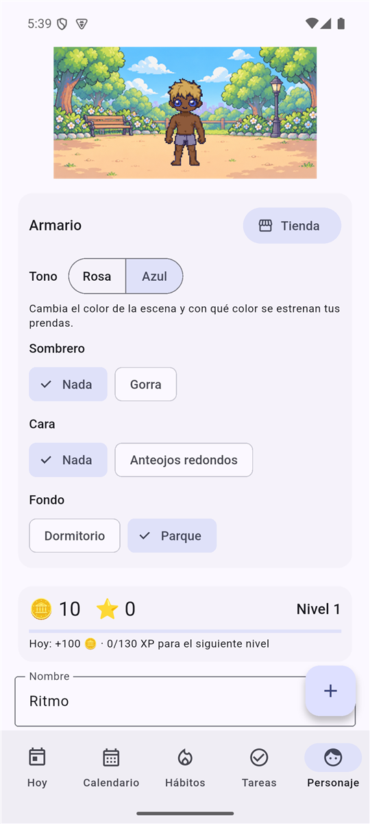 Pantalla del personaje en Ritmo, con su escena y su armario